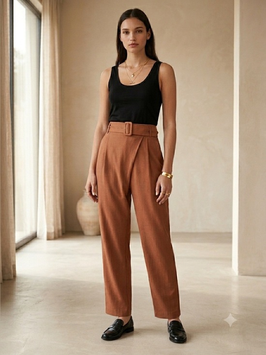 Aritzia Pants - Aritizia Wilfred camel tan Messaux crossover belted trouser pants - XS